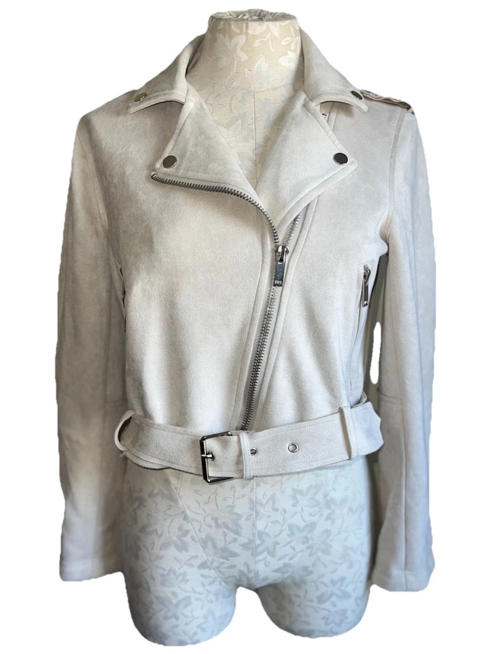 Peach Love California Cream Faux Suede Moto Biker Jacket Belted